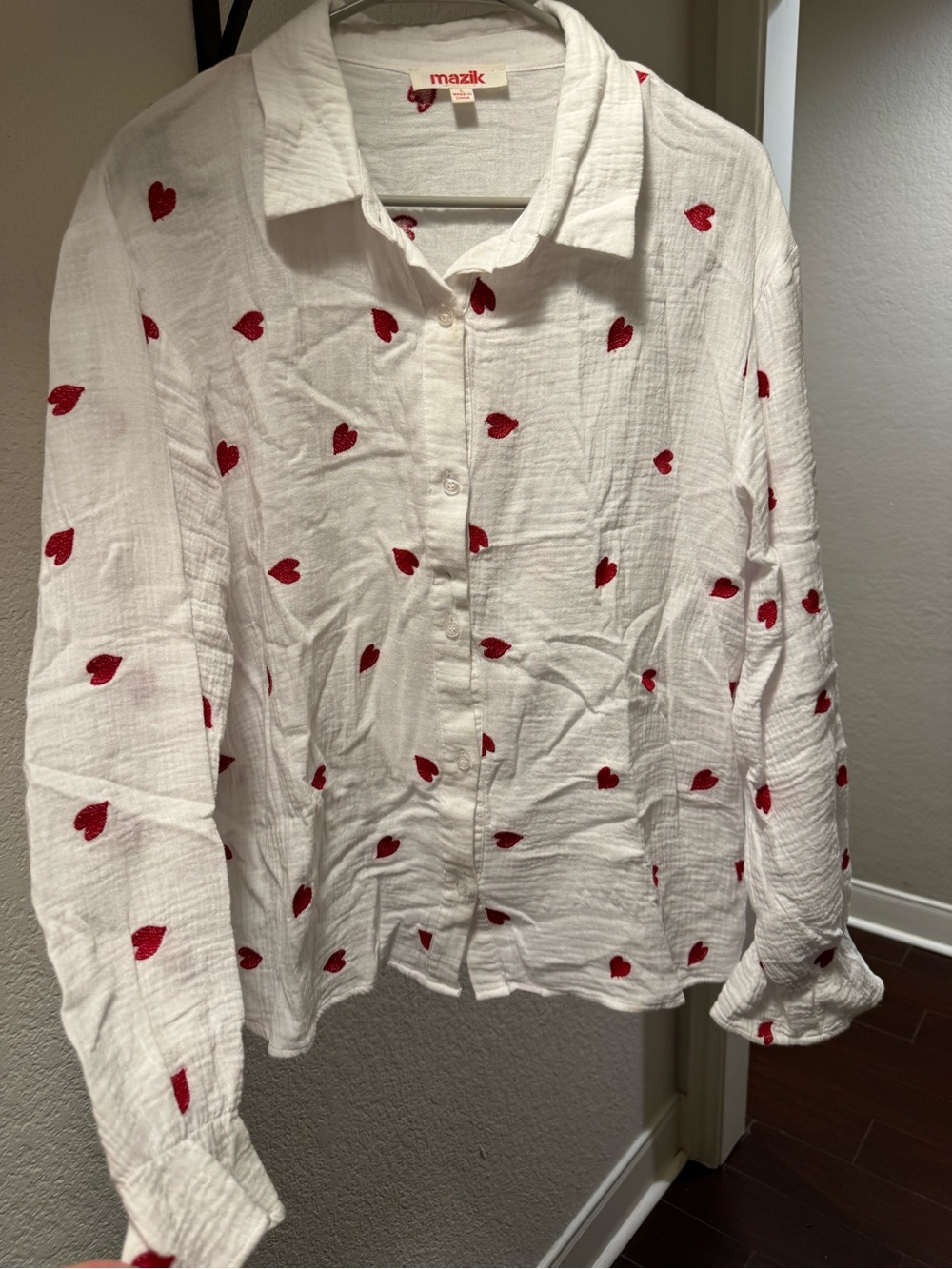 Mazik White Button-Down Shirt with Red Heart Motif